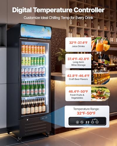 Image of VEVOR Commercial Merchandiser Refrigerator, 15.9 Cu.Ft / 450 L Glass Door Display Refrigerator, Upright Beverage Cooler with Customizable Lightbox, 4 Adjustable Shelves & Soft LED Light for Home Shops