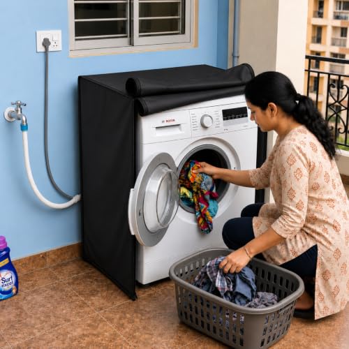 Image of Zerfa Waterproof, Dust-Proof, Sun-Proof Front Load Fully Automatic Washing Machine Cover Fit and Suitable for All Brands Universal Cover - Black (Dimensions: 59 x 59 x 86 cm)