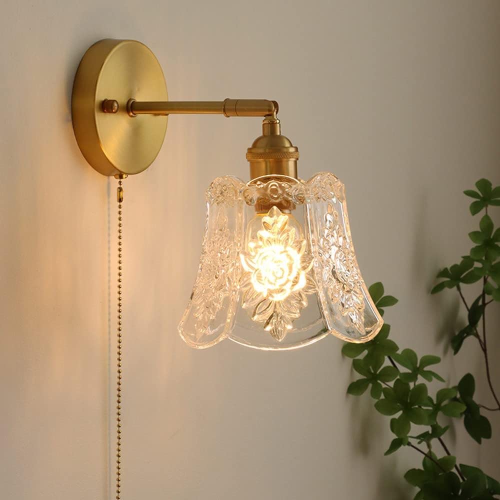 SMCCYYSD Retro Wall Lamp Transparent FlowerPattern Glass Lampshade | Brass Finish Sconces Lighting with Pull Switch Modern Mount Light Fixtures for Bedside Bedroom Doorway Decor