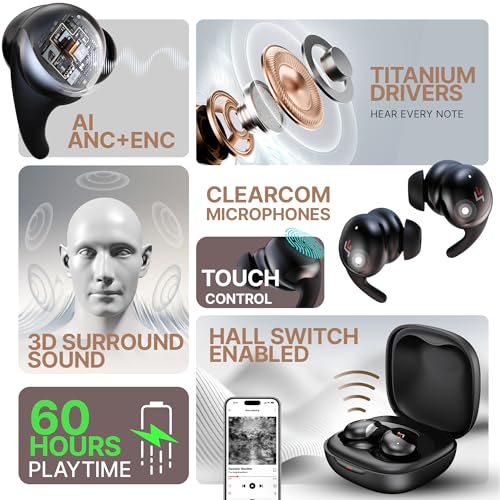 Image of CrossBeats Hertz ANC TWS Ear Buds, Wireless in‑Ear Earphones, Sleep Buds v5.4 Bluetooth 10 mm Drivers Up to 60H Playtime, with AI Noise Cancellation,40 ms Low Latency, & AI ENC Earbuds Buds (Black)