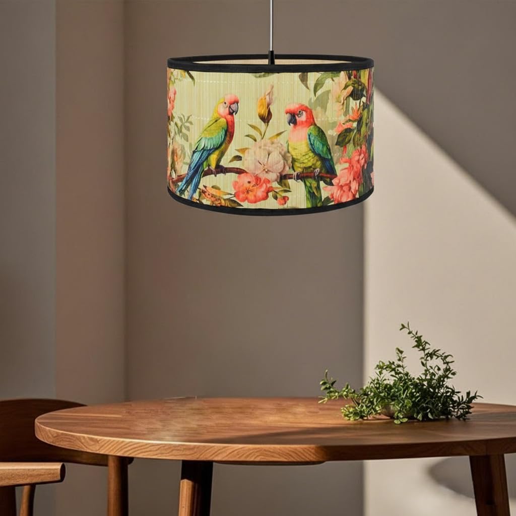 Kinhwa Modern Round Ceiling Lampshade, Easy Fit Pendant & Table Lamp Shade, Bamboo Drum Lamp Shade for Living Room,Bedroom,Hallway,Home Decor Mandarin Toucan, 30x30x20cm