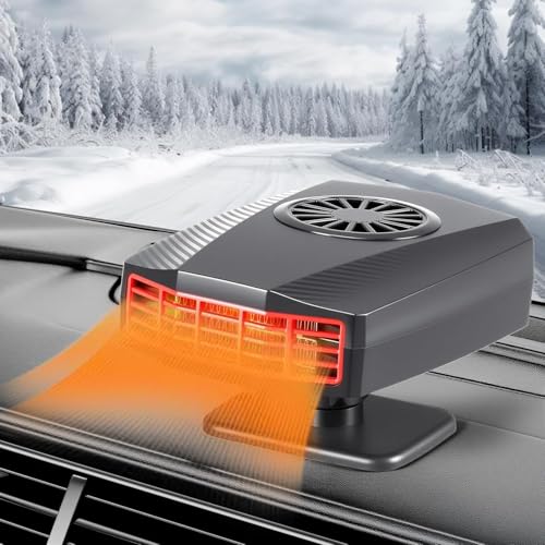 Chuankefanxing Chauffage de Voiture, Chauffage de Ventilateur Voiture Portable 2 en 1 avec Base Rotative à 360°, 12V 150W Chauffage Voiture Allume Cigare, Chauffage Rapide, Dégivrage et Désembuage