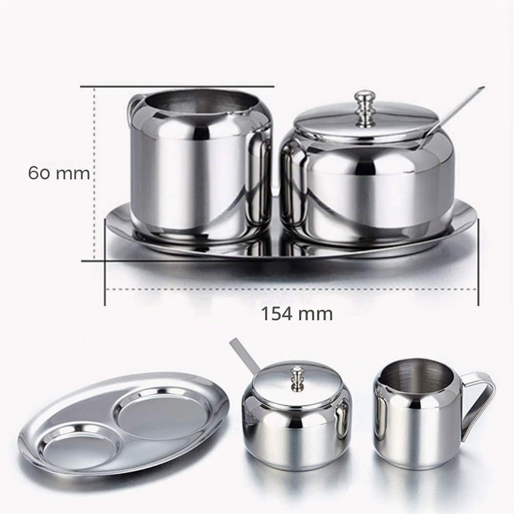Milch und Zucker Set Edelstahl Zuckerdose Kleine Zuckerdose mit Löffel für Zuhause, Küche, Hotel und Cafés, 3 Teile, Silber