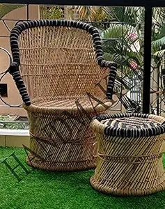 Handmakers ! Bamboo (SARKANDA) Mudda Chair with Black & Beige Standard -(Set=1CHAIR+1MUDDA)