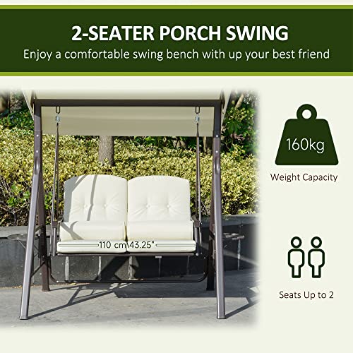 Image of Outsunny 2-Person Patio Swing Bench with Adjustable Shade Canopy, Soft Cushions, Throw Pillows and Tray, Beige.