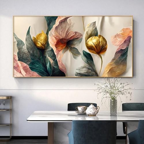 Tableau fleurs or vert rose 40x80 cm pour une décoration salon cocooning