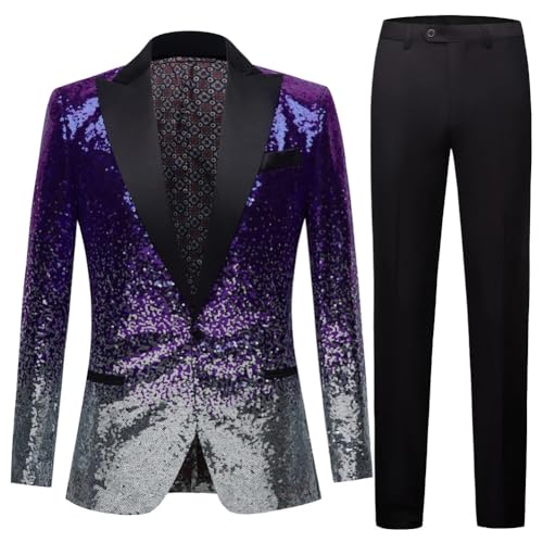 Niiyyjj Set da uomo elegante bicolore con paillettes blazer e pantaloni neri, per feste, balli di fine anno, palcoscenico, DJ, cantanti, Viola, M