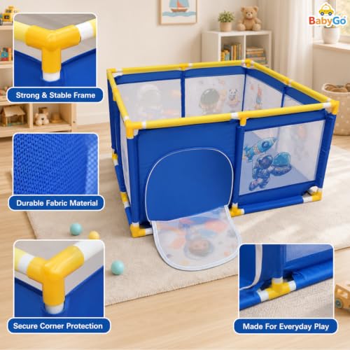 Image of BabyGo Jumbo Size Space Theme Ball Pool for Kids | Indoor and Outdoor Playpen with Safety Fence and Zipper Door | Blue | 101 x 101 x 64 cm | (Balls Not Included)