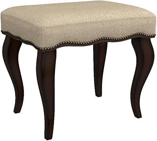 Hillsdale Hamilton Backless Vanity Stool, Upholstered Cream Seat with Nailhead Trim & Burnished Oak Legs - Makeup Vanity Bench