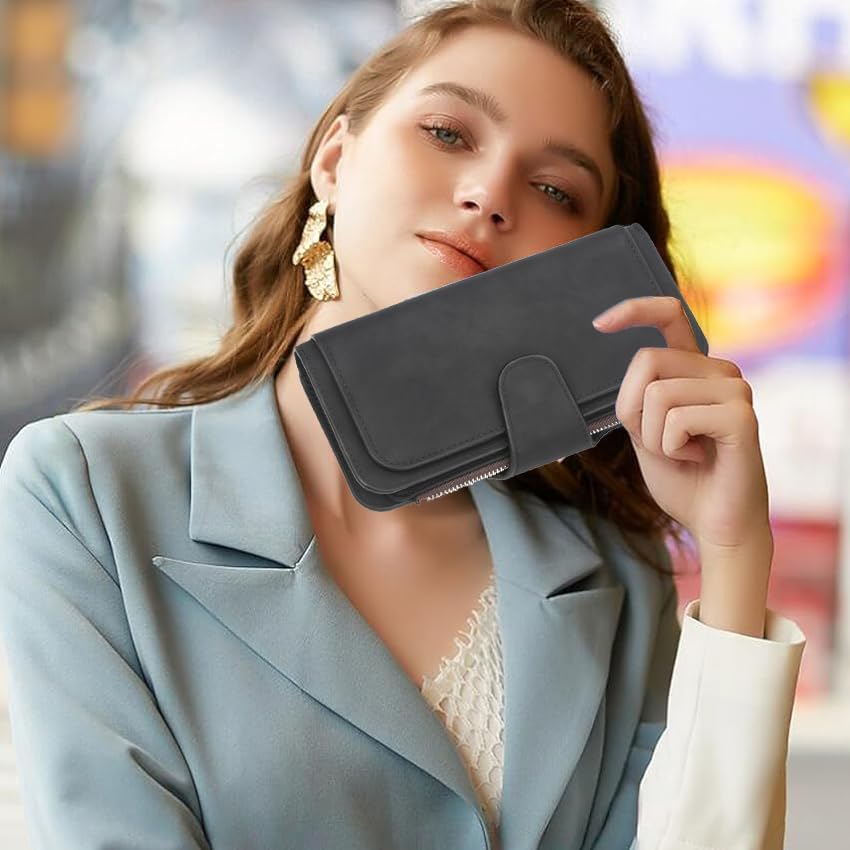 Long Genuine Leather Wallet for Women RFID Blocking Soft Clutch with Zipper Coin Pocket Light Blue (Black)3