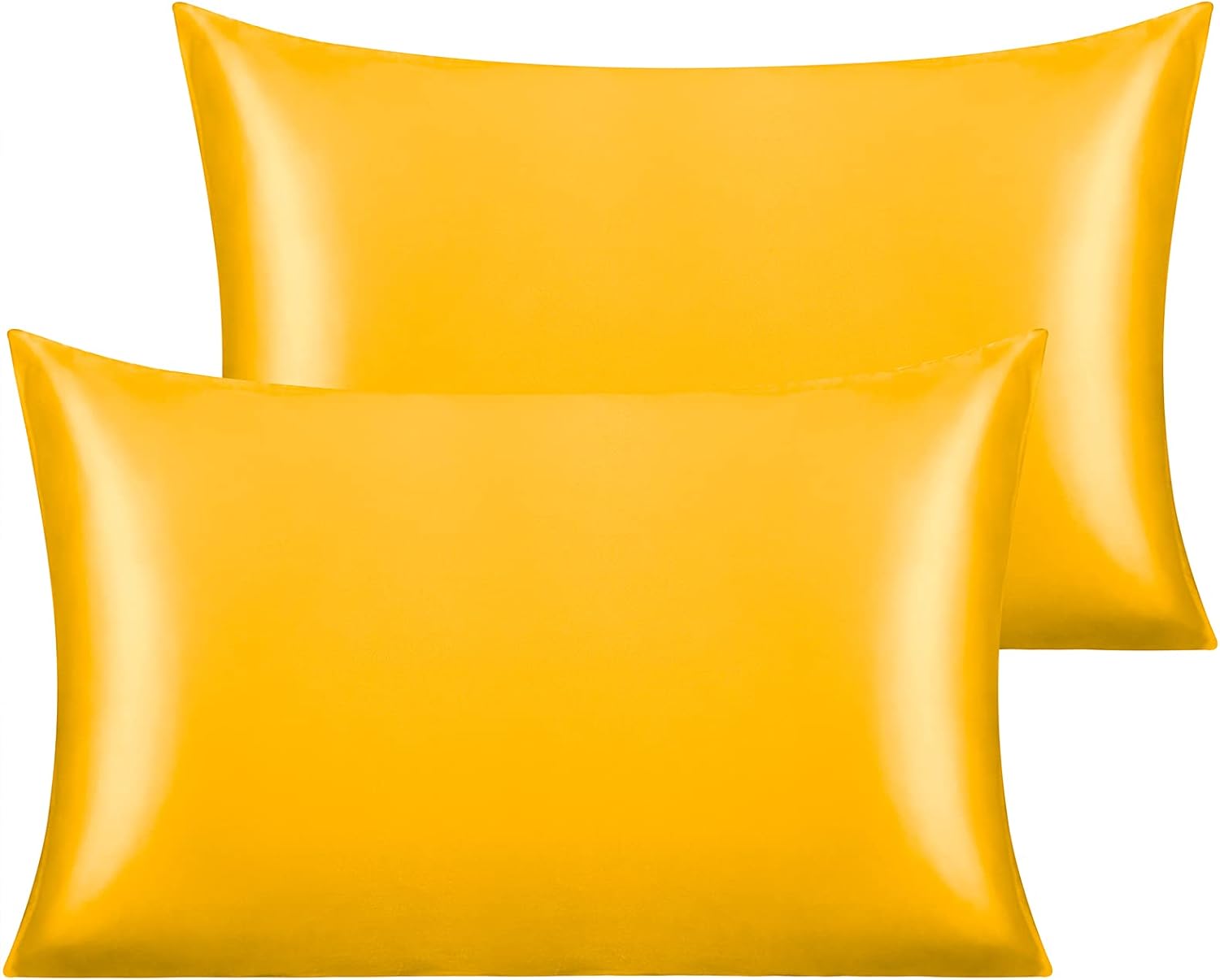 NTBAY 2 Pack Silk Satin 14x20 Inches Toddler Pillowcases, Super Soft and Silky Envelope Closure Yellow Cooling Travel Pillow Cases for Nursery, Kids, Boys and Girls, 14 x 20 Inches