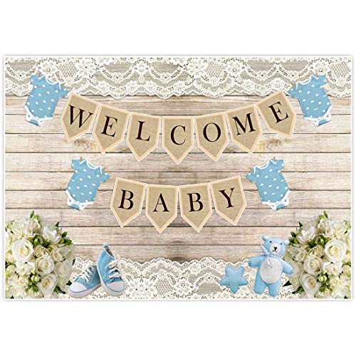 Allenjoy 7x5ft Rustic Welcome Baby Backdrop Background for boy Boys Birthday Picnic Party Dessert Candy Cake Table Decor Decoration Floral Baby Shower Banner Photo Shoot Booth
