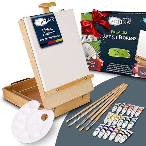 Artina 28tlg Malset Florenz im Malkoffer - Acrylfarben Set mit Kofferstaffelei - 18x 12ml Acrylfarbe, Keilrahmen, Pinsel & mehr - Premium Malset Staffelei aus Holz für Einsteiger & Hobbykünstler