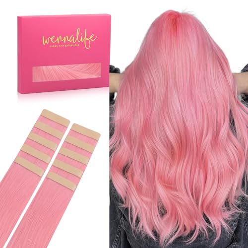 Image of WENNALIFE Tape in Hair Extensions, Human Hair Peach Pink, 10pcs 20g 10 inch Remy Invisible Tape, Straight Colored Soft Real Human Hair Refill Set