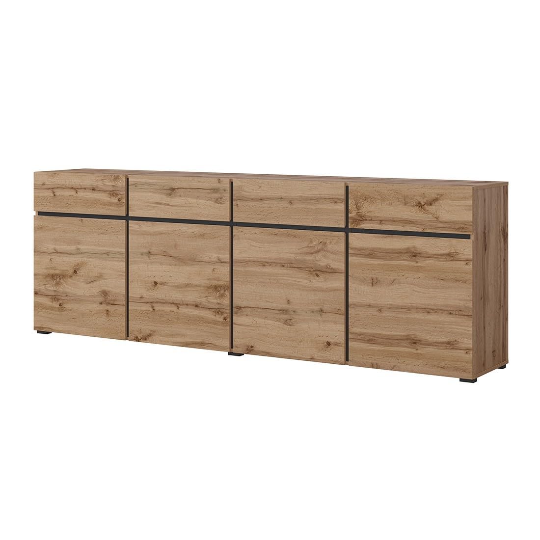 Buffet XL Coloris chêne et Noir 225cm Collection Havana. Bahut Design avec 4 Portes et 4 tiroirs.