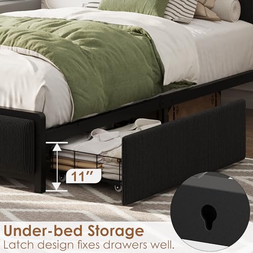 Twin Size Bed Frame with 2 Storage Drawers and Charging Station, Rustic Linen Upholstered Platform Bedframe with Storage Headboard, Heavy Duty, No Box Spring Needed, Easy Assembly, Noise Free, Black by GarveeHome - Used condition - Image 5
