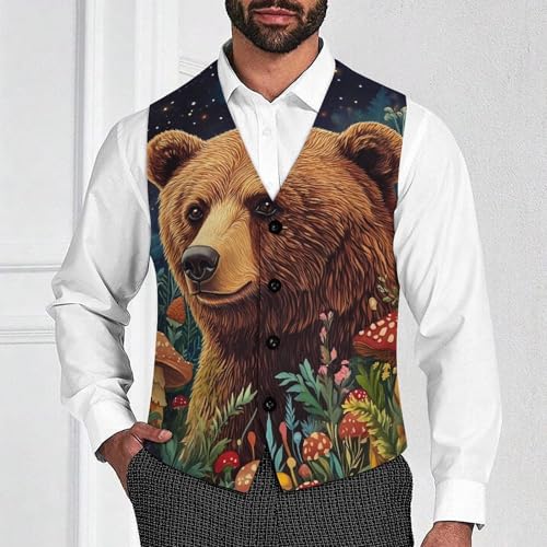 Bear Mushroom Starry Sky Men's Suit Vests Business Formal Dress Vest V-Neck Waistcoat for Wedding Casual2