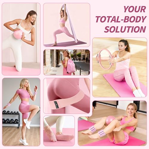 NANATI Pilates Kit with Ankle Weights, Pilates Essentials Kit for Women, Pilates Equipment with 14.5" Pilates Ring and Ball, Resistance Bands, Core Sliders & Grip Socks for Home Workouts (Pink Pro) by NANATI - Used condition - Image 2