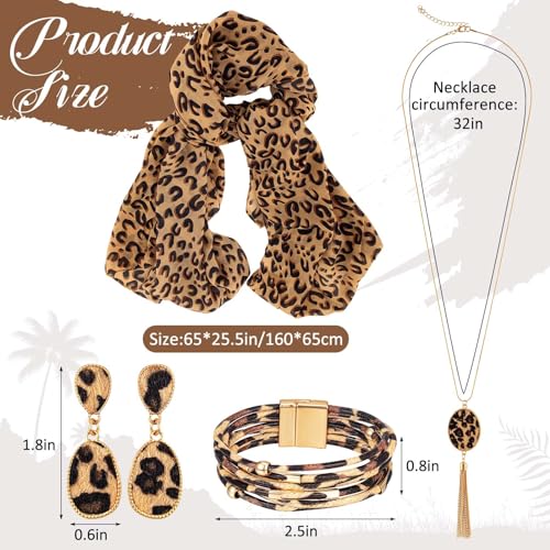 4 Pcs Leopard Print Scarf Necklace Wrap Shawl Dangle Earrings Multilayer Bracelet Set Leopard Accessories for Women Gift2