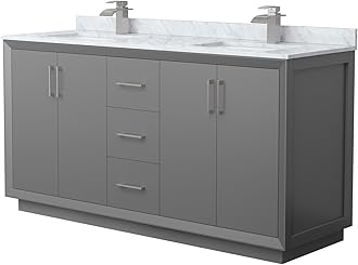 Wyndham Collection Strada 66 Inch Double Bathroom Vanity in Dark Gray, White Carrara Marble Countertop, Undermount Square Sink, Brushed Nickel Trim