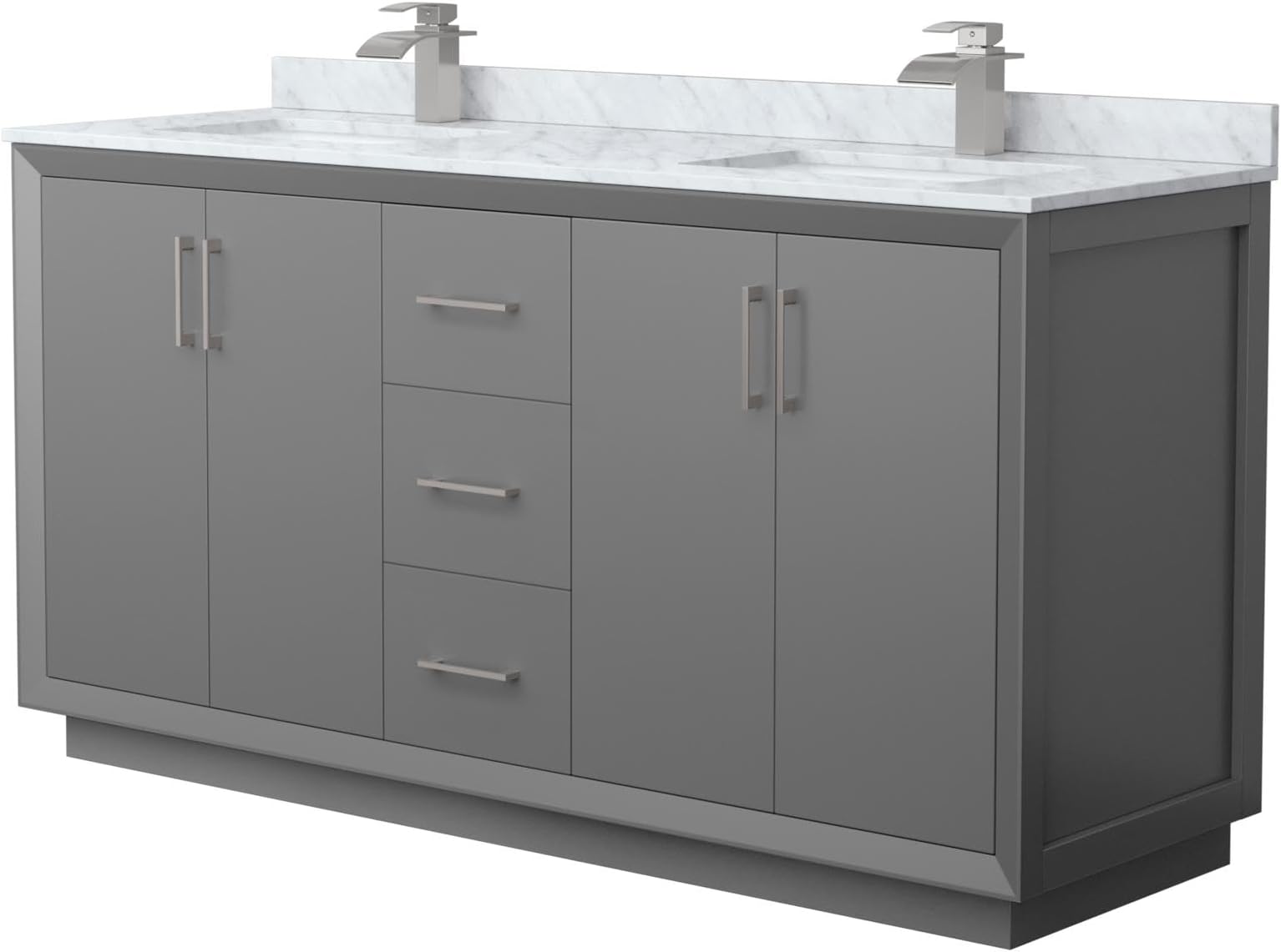 Wyndham Collection Strada 66 Inch Double Bathroom Vanity in Dark Gray, White Carrara Marble Countertop, Undermount Square Sink, Brushed Nickel Trim