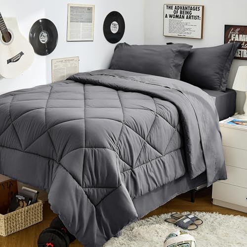 HEVUMYI Twin Comforter Set - 5-Piece All Season Bed in a Bag Twin, Ultra Soft Bedding Set with Comforter, Flat Sheet, Fitted Sheet, Pillowcases, Pillow Shams, Dark Grey