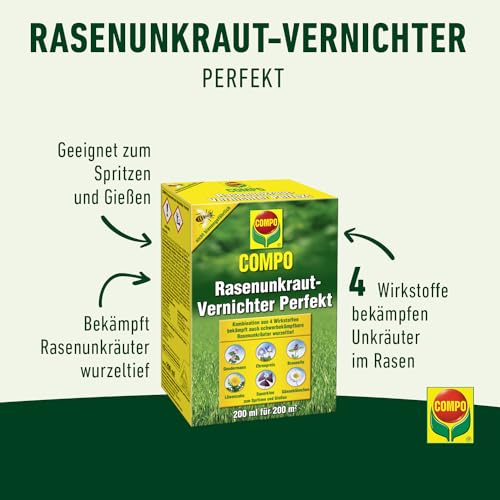Foto von COMPO Rasen Unkrautvernichter Perfekt, Vernichtung von schwerbekämpfbaren Unkräutern, Konzentrat, 200 ml (200²)