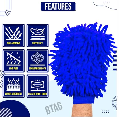 Image of Btag Double Sided Microfibre Wash Mitt Cleaning Gloves (2 Pcs, 2400 GSM, Size 26 X 19 Cm, Extra Large, Super Absorbent, Big Chenille Mitt Glove) (Blue)