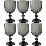 Picture of Taganov Water Goblets set of 6 Vintage Glassware 13 oz Colored Wine Glass Drinking Glass Vertical Line Embossed Pattern Stemmed Cups for Wedding Party Bar Grey