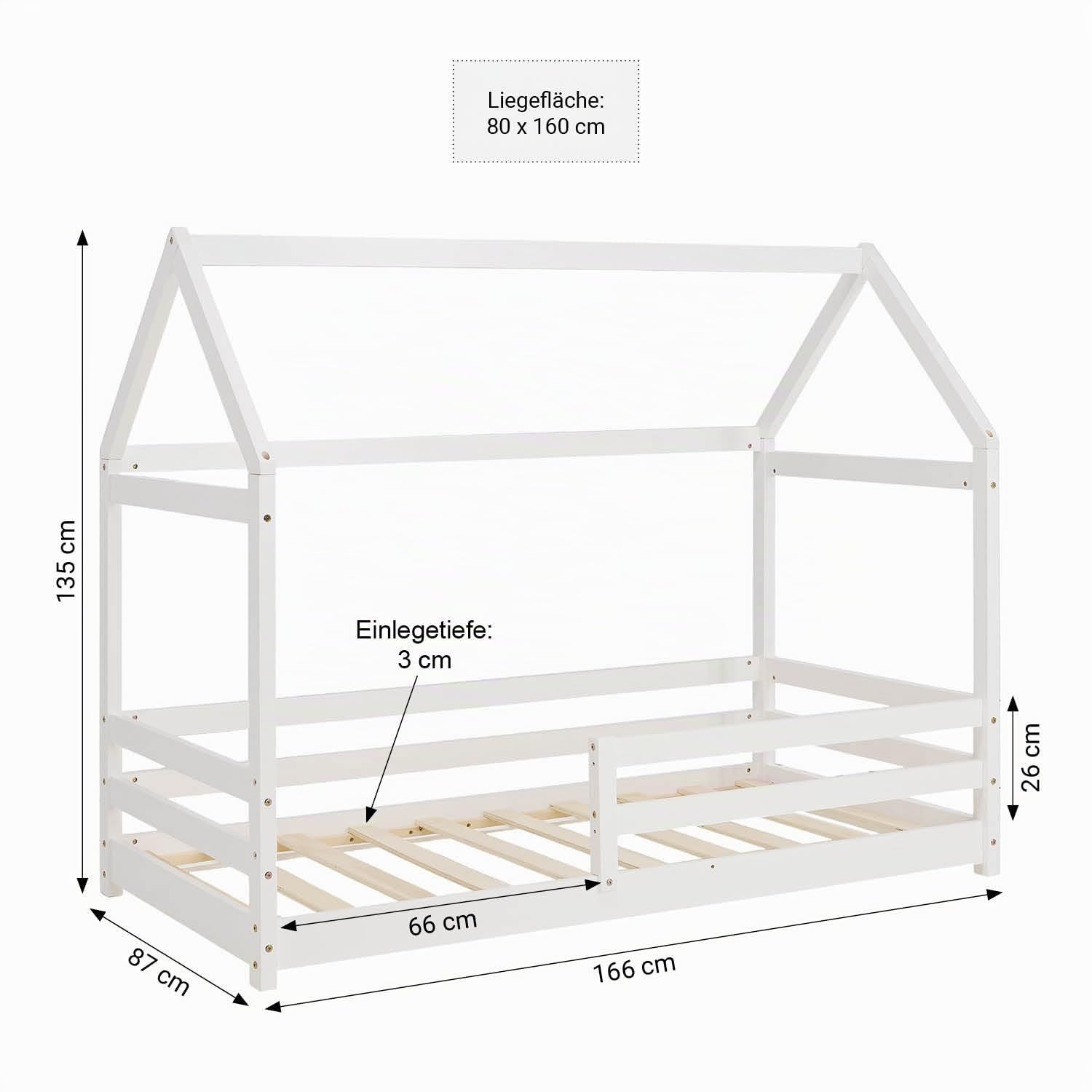 Homestyle4u Hausbett 80x160 Weiß mit Rausfallschutz & Lattenrost | Montessori Bodenbett aus Massivholz Kiefer, Kinderbett für Jungen & Mädchen, stabiles Hausdesign Bettgestell