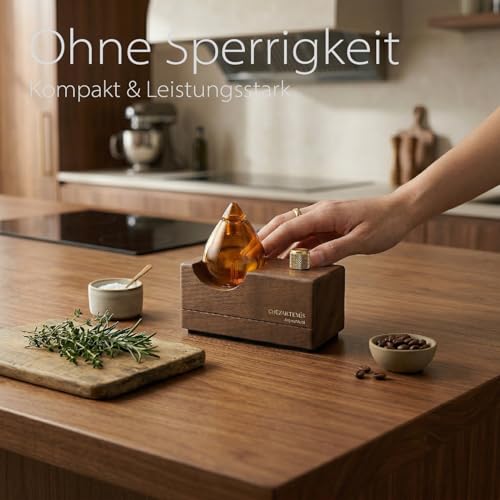 Amber Glas-Diffusor mit Naturholz-Sockel für Aromatherapie, Tragbarer Wasserloser Aroma Diffusor für Zuhause & Reise, Kabelloser Wiederaufladbarer Duftvernebler mit Timer & 4 Modi, Geschenkfertig