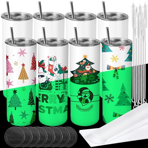 Joyclub 8 Pack Sublimation Tumblers Glow in the Dark 20 oz Bulk Blank Tumblers Skinny Straight Flat Bottom Cups White with Lid and Straw White 8 Pack green glow