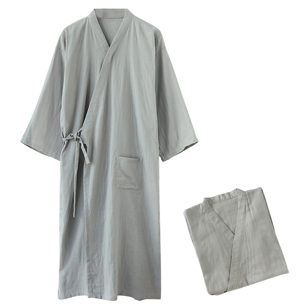 YAKIDA Men's Pajamas, Gauze, Sleepwear, Yukata, 100% Cotton, Open Front, Bathrobe, Care Pajamas, Four Seasons, Long Sleeve, Roomwear, Japanese Style, Open Front, Sweat Absorbent, Hospital, Sleeping gray XX-Large