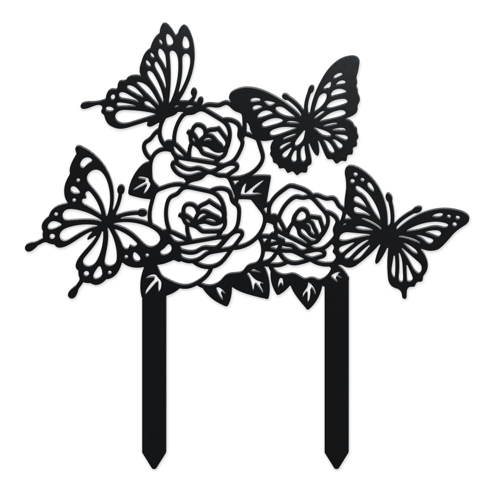 WADORN Butterfly Cemetery Metal Decorative Garden Stakes, Black Butterfly Metal Outdoor Grave Statues Silhouette Elegant Flower Animal Silhouette for Garden Backyard Patio Lawn Decors Pets Lover Gift
