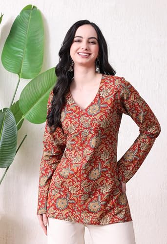 Image of MEERA FAB Women's Floral Printed Cotton Short Kurta | Floral Printed Kurta with Full Sleeves | Short Kurti for Women
