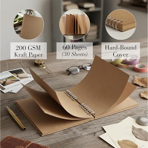 Image of Zaslan Scrapbook Album, 60 Pages /30 Sheets, Brown Thick 200gsm Kraft Paper, Photo Album Scrapbook, Memory Book - Ideal for Your Scrapbooking Albums Art & Craft Projects (8.5 x 8.5 Inch)