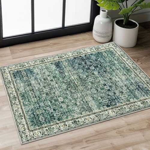 2x3 Green Blue Washable Rugs for Entryway, Soft Distressed Floral Area Rug Vintage Carpet with Non-Slip Low-Pile Mat for Kitchen, Bedside, Foyer, Indoor Door Mat
