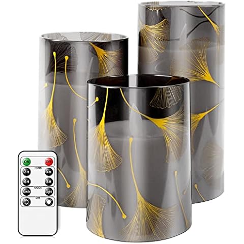 salipt Flameless Candles with Timer, Ginkgo Biloba Unbreakable Glass LED Battery Flicker Blinks Candles with 10-Key Remote,Candles for Home Party Wedding Christmas Decor- D3 x H4 5" 6",Set of 3 Cover