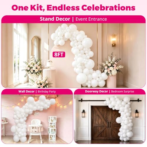 Image of Bezente 8FT White Balloon Garland Arch Kit for Backdrop & Wall 103 Pcs | White Latex Balloons Different Sizes 18 12 5 Inch for Party Baby Shower Birthday Wedding Bridal Shower Decorations