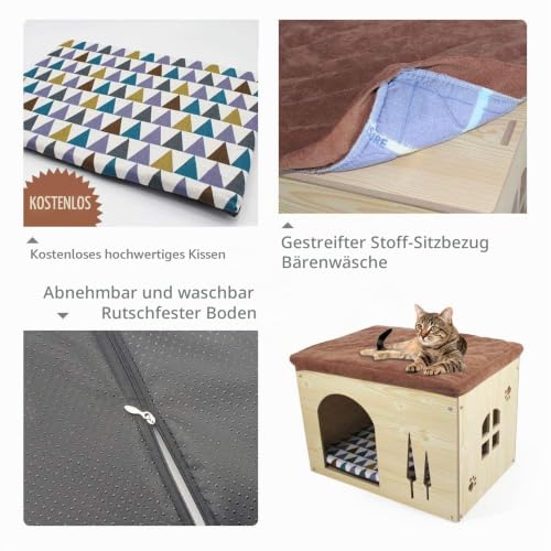 SONGWAY Hundehütte aus Holz mit Matratze – Abnehmbare Katzenhaus im Form von Schuhocker Innenraum Hundehütte Haustierhaus für Katzen, Welpen, Hund Kleintiere Haustiernest zur Vier Jahreszeiten, L