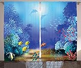 Ambesonne Underwater Curtains, Cartoonish Look Coral Reef Polyps Algae Dolphins and Goldfishes Bubbles in Deep Ocean Art Print, Living Room Bedroom Window Drapes 2 Panel Set, 108
