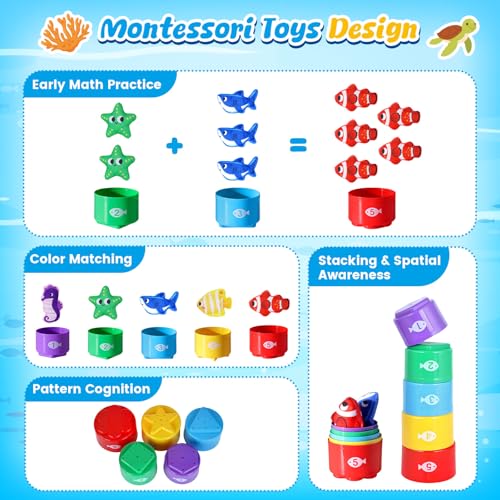Image of LovesTown Montessori Toys for Toddlers, Baby Sensory Toy Color Sorting Game Travel Essentials Preschool Learning Activities Cloth Fishing Games with Stacking Cups Boys Girls Gifts
