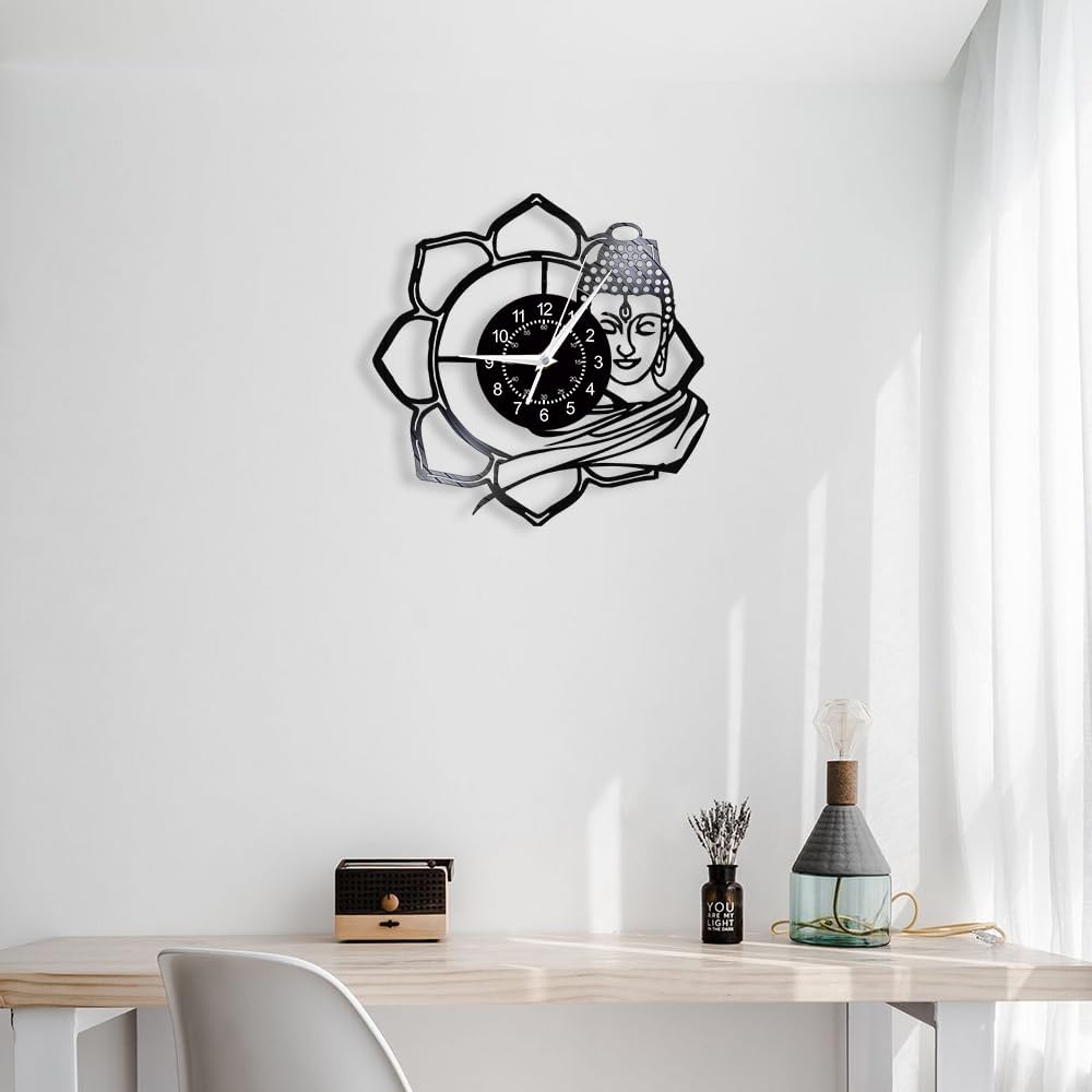 12 Inch Buddha Lotus Wall Clock, Buddhism Mandala Meditation Flower Wall Clock Vintage Decorative Silent Non Ticking Battery Operated Vinyl Wall Watch Clock for Yoga Studio Bedroom Zen Decor