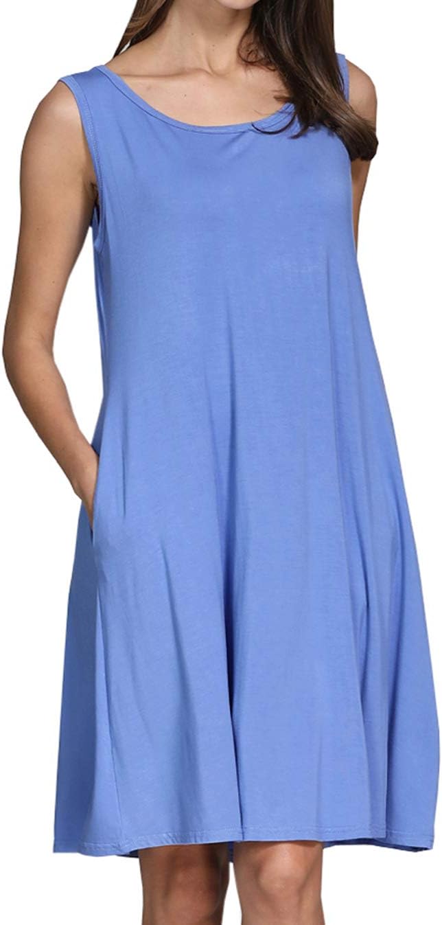 lymanchi Women Simple Sleeveless Dress Pockets Swing Casual Loose Tank Sundress Cornflower Blue M