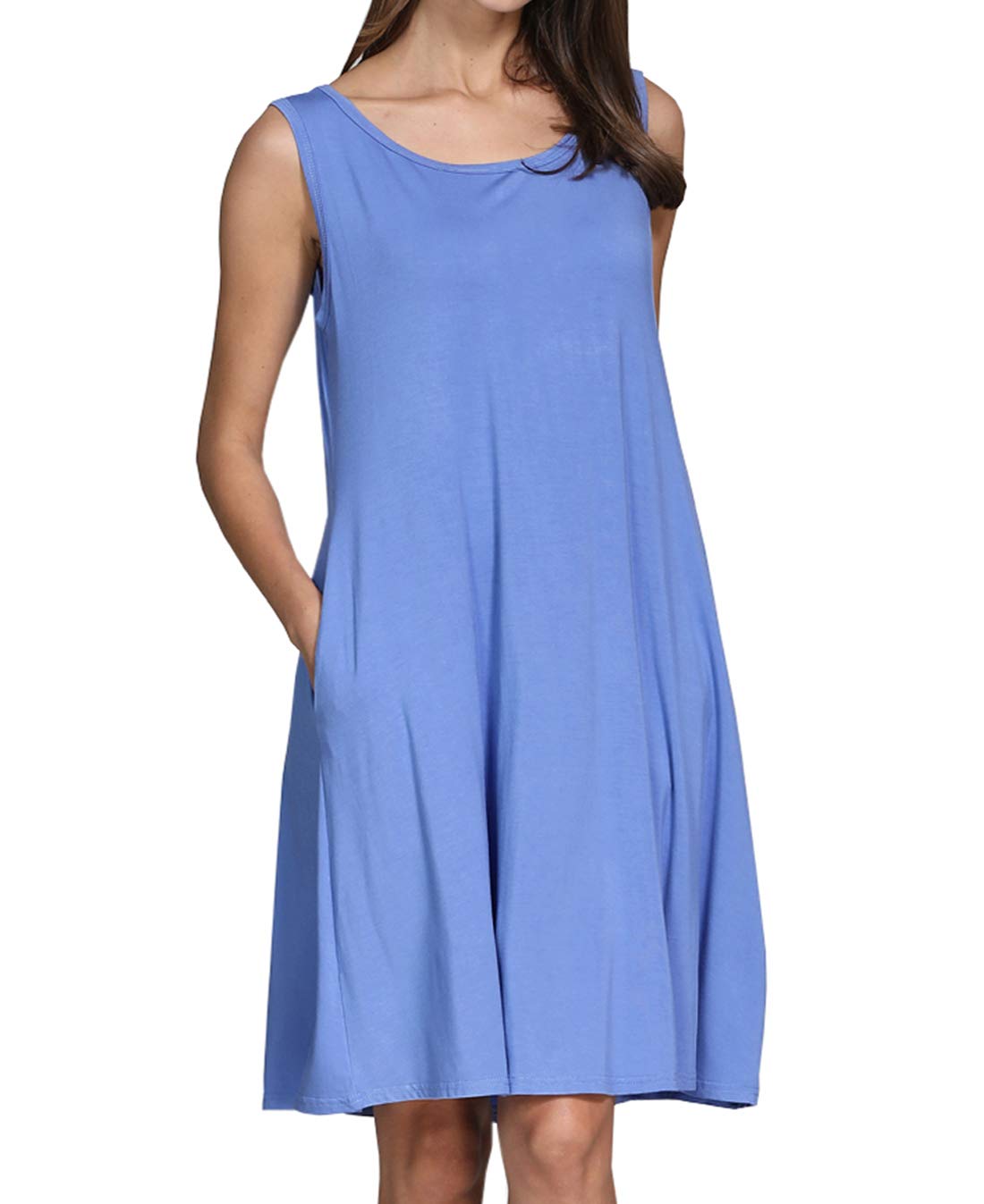 lymanchi Women Simple Sleeveless Dress Pockets Swing Casual Loose Tank Sundress Cornflower Blue M
