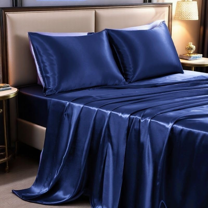 JUWENIN Silky Soft Solid Matte-Satin Hotel Luxury Silky Bed Sheet Sets Shiny-Free Deep Pocket t Fitted Sheet Flat