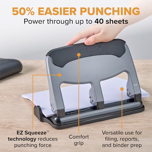 Image of Bostitch EZ Squeeze 3 Hole Paper Punch, 40 Sheet Capacity, Heavy Duty Metal Office Hole Puncher with Chip Tray, Non-Slip Base & Paper Guide, 9 /32 inch Holes for Binders, School & Home Office