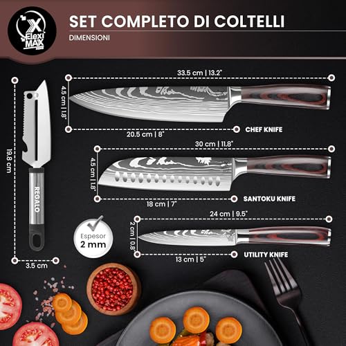 Mannaia da cucina Fleximaxx Home® coltello Chef da 8”, coltello Santoku da 7”, coltello multiuso da 5” e pelapatate Coltelli da cucina professionali, coltello da chef, coltello macellaio - immagine 3