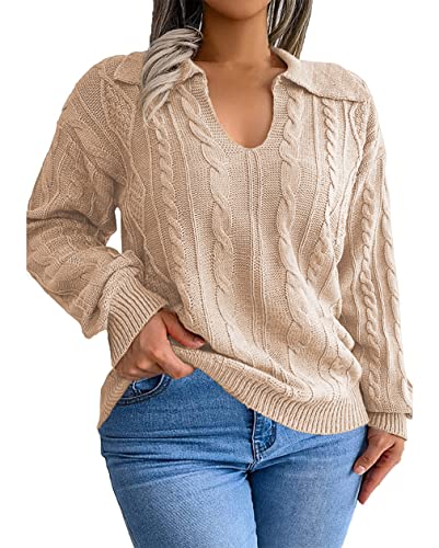 Image of Plus Size Sweaters for Women Polo V Neck Chunky Cable Knit Pullovers 1X-5X