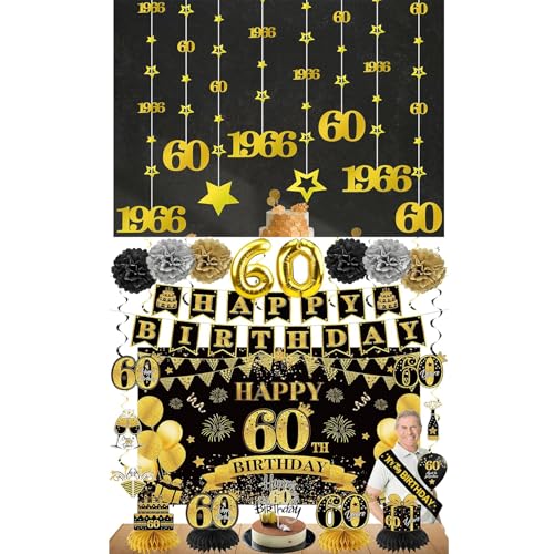 Black Gold 60th Birthday Decorations for Men Women, Twinkle Garland